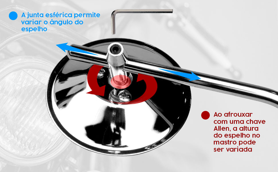 Detalhe da junta esférica e ajustes de altura no mastro do espelho para motociclos.