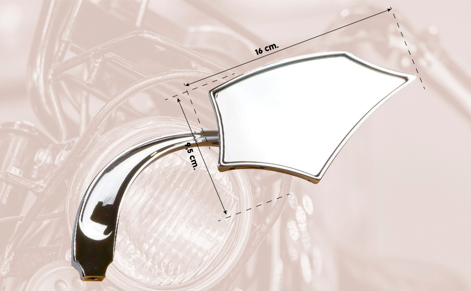 Approximate dimensions of the chrome mirrors for custom motorbikes.
