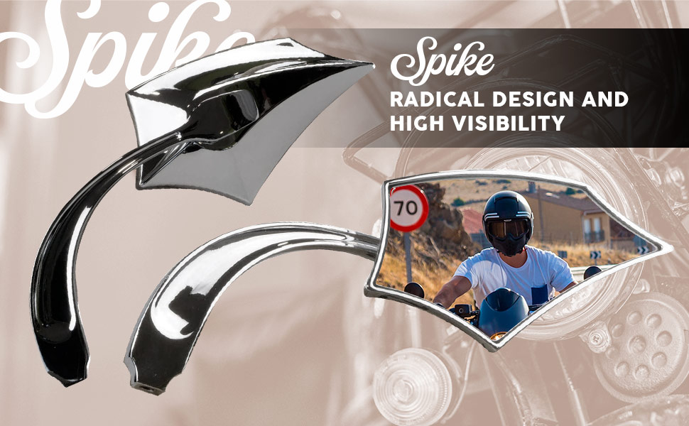 Radical chrome mirrors for custom motorbikes.