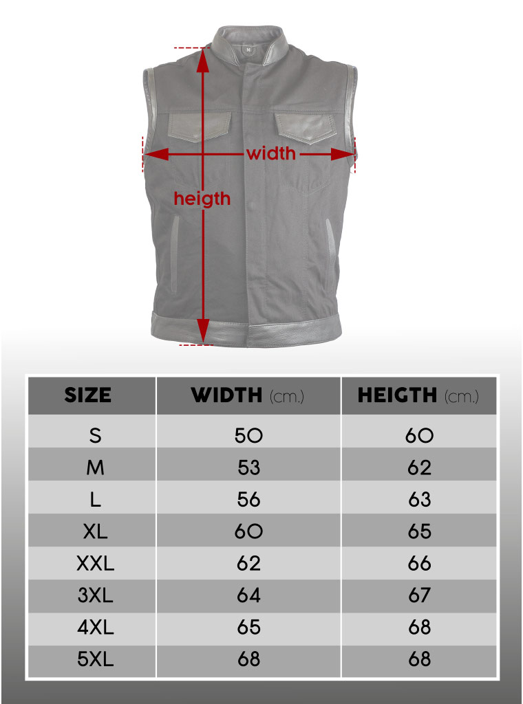 Guia de tamanho do colete de motociclista SOA Black Denim Guide Chart